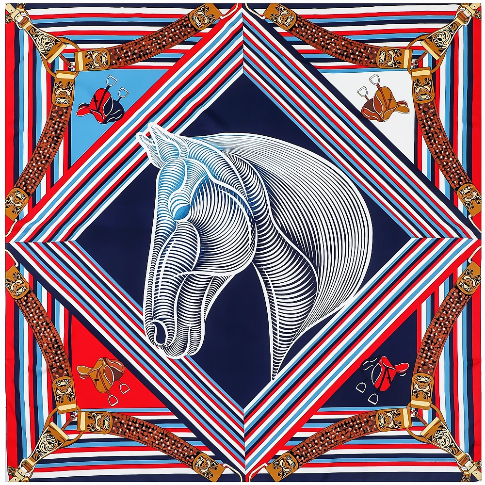 130cm European Retro Geometric Stripe Horse Head War Horse Women\'s Twill Fashion Decoration Scarf Silk Scarf Shawl Large Scarf