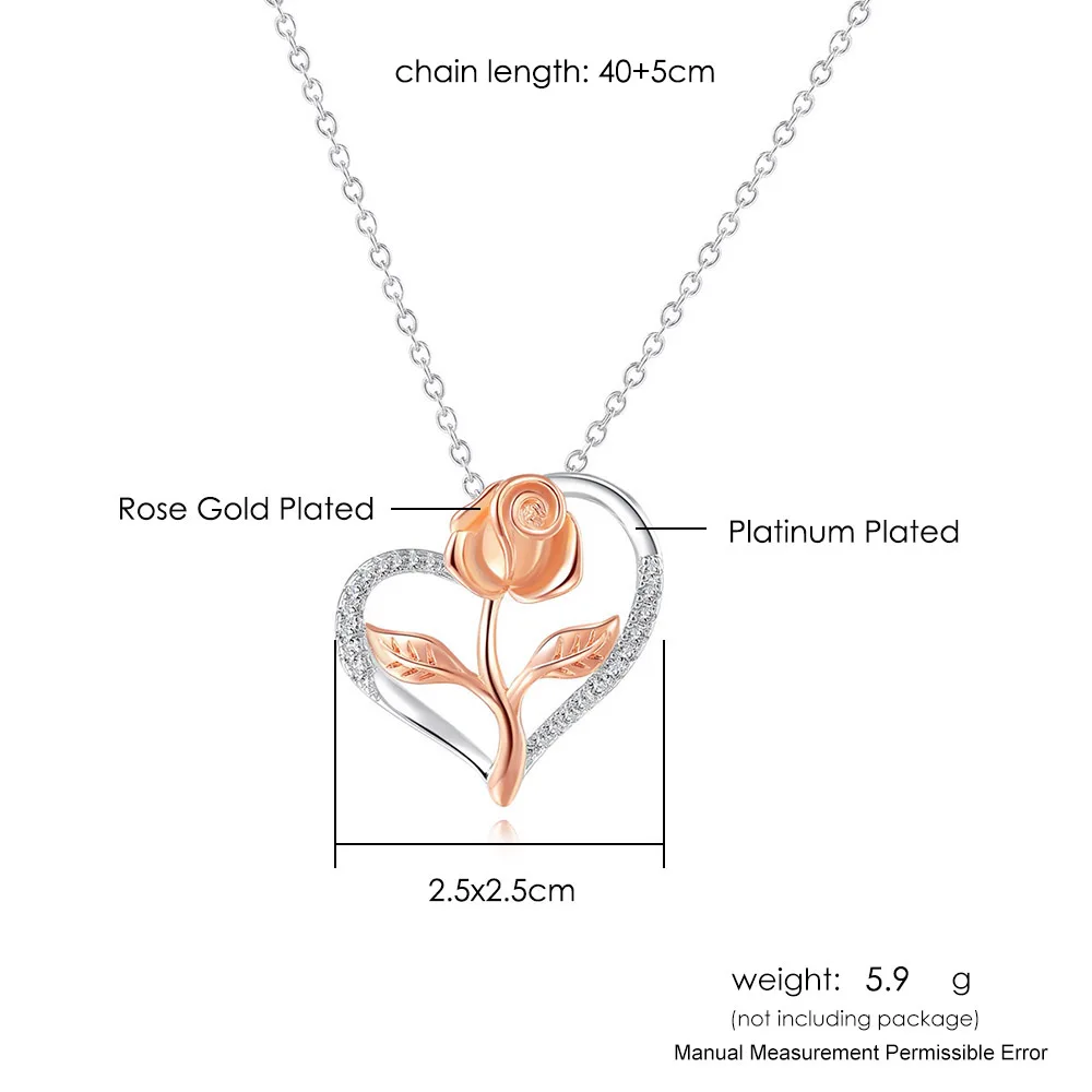 Rose Flower Pendant Heart Necklaces For Women Two-tone Zircon Aesthetic Jewelry Gift for Mom Girls Wholesale N172