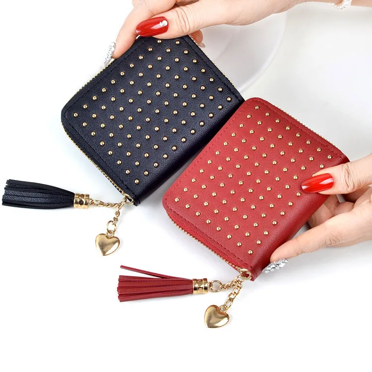 

Women Wallets Golden Rivets Lady Purses Handbags Zipper Coin Purse Clutch Woman Wallet ID Cards Holder Money Bags Burse Notecase