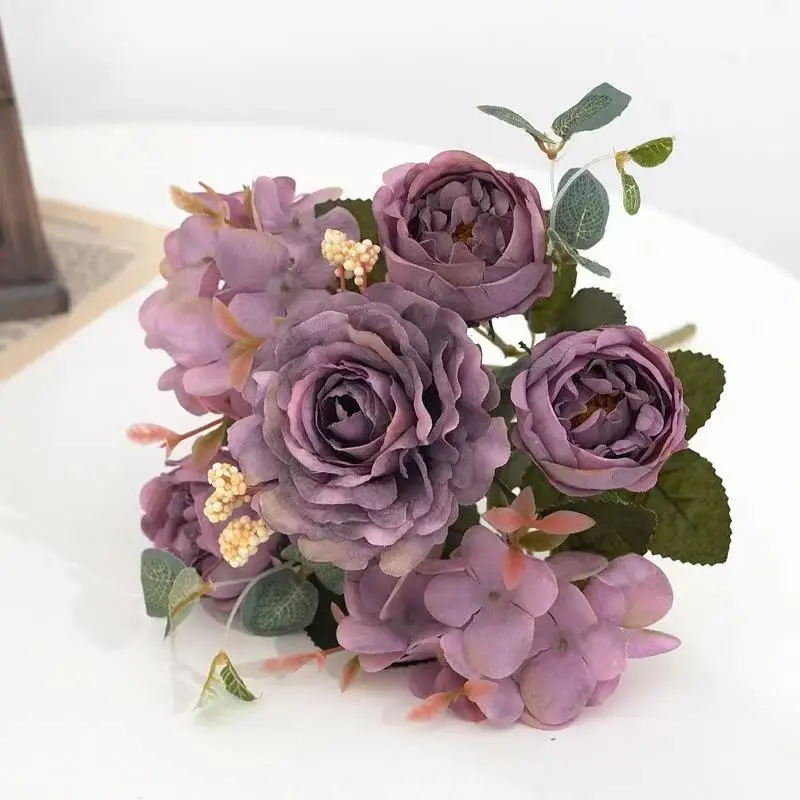 Künstliche Blumen, Retro-Seidenrosen-Blumenstrauß, Hortensien, Pfingstrosen, Vintage-Brautstrauß, künstliche Pflanzen, Dekoration für Zuhause und Hochzeiten, Accessoires. – Detail 6