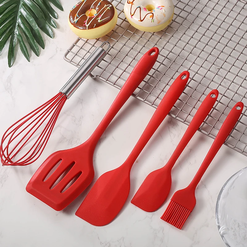 5Pcs Silicone Cooking Utensils Set Non-Stick Silicone Cake Spatula Cooking Shovel Whisk Oil Brush Flexible Kitchen Utensils Sets