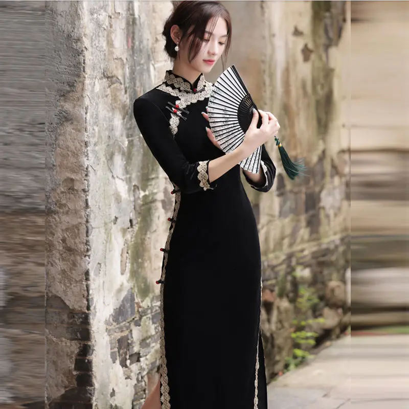 

Velvet Cheongsam 2021 New Autumn Young Retro Chinese Style Black Improved Cheongsam Qipao Elegant Daily Dress