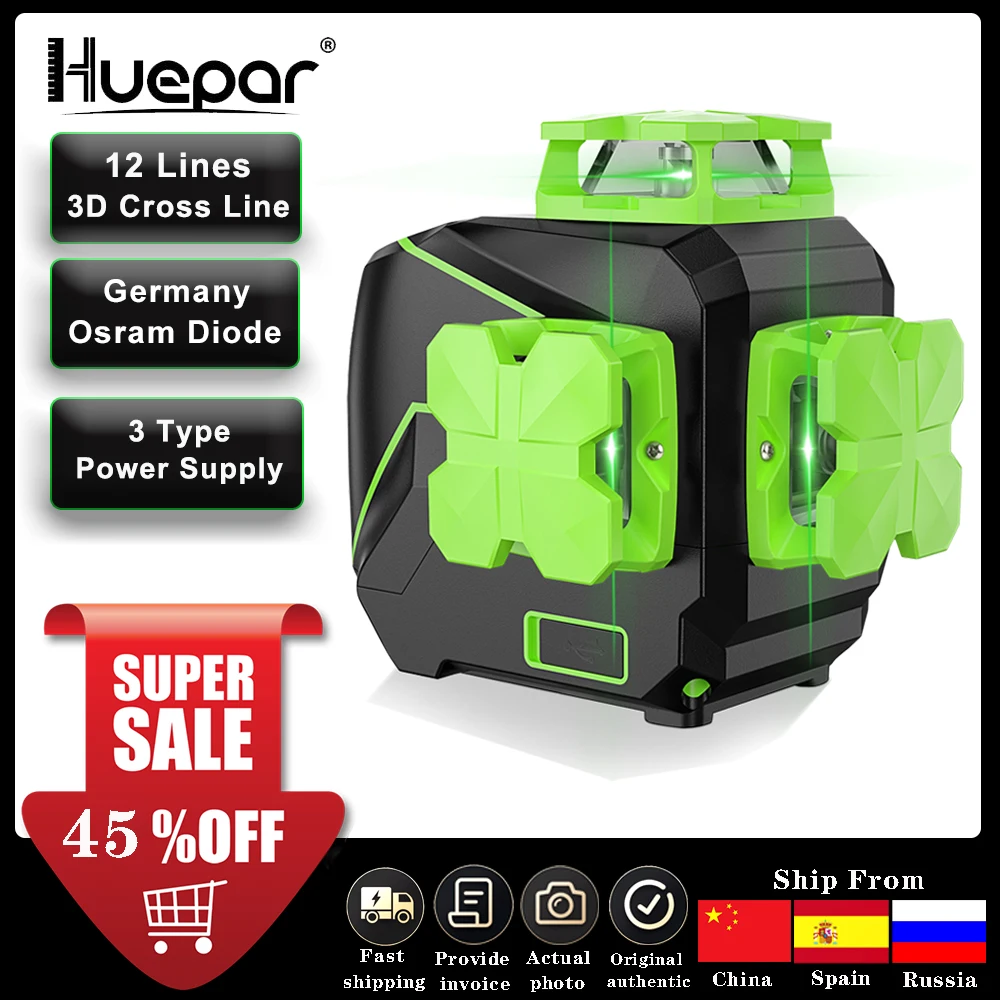 Huepar 12 lines 3D Cross Line Laser Level Self-leveling Green Beam Vertical & Horizontal with USB Charger Use Dry Li-ion Battery