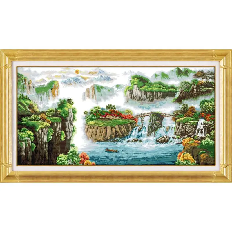 Joy Sunday Landscape Painting DIY Cross Stitch Kit Chinese Pattern Printed Fabric Embroidery Needlework 14CT Modern Home Decor