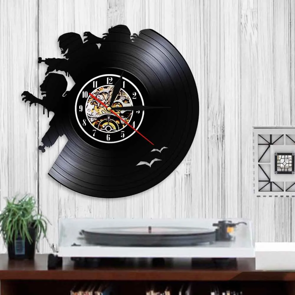 Horror Zombie Vintage Vinyl LP Record Wall Clock Halloween Wall Decor Creepy Monsters LED Hanging Night Light Lamp