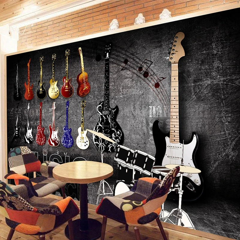 

3D Wallpaper Retro Rock Music Guitar Brick Wall Murals Restaurant Cafe KTV Bar Clubs Background Wall Paper For Walls 3D Frescoes