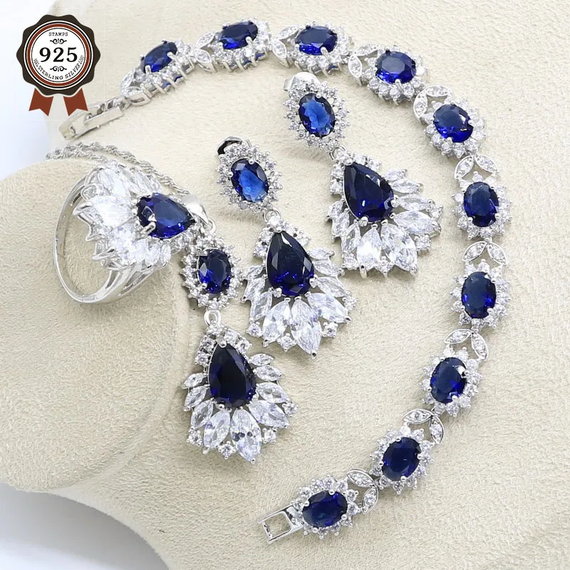 Blue Sapphire 925 Silver Bridal Jewelry Sets Earring For Women Pendant Necklace Ring Bracelet Free Gift Box