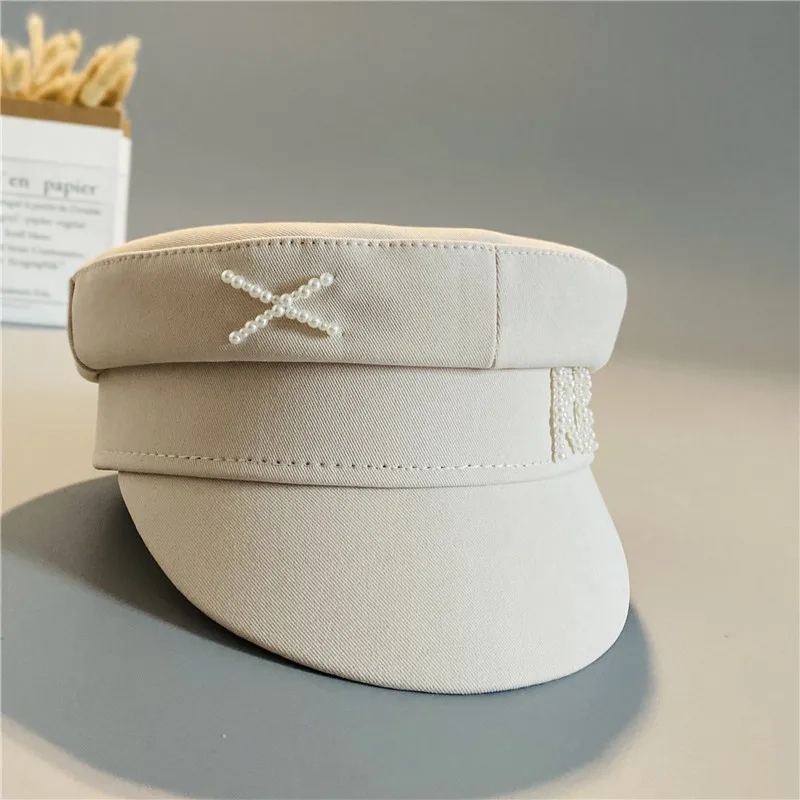 2022 New Pearl Letter Newsboy Caps Women Flat Militray Caps