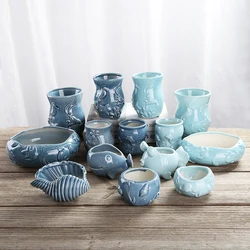 Niebieski Ocean serii ceramiczna doniczka powłoki w kształcie ryby kwiat wazon do garnka sadzarka pojemnik biura na biurko ozdoby Home Decor