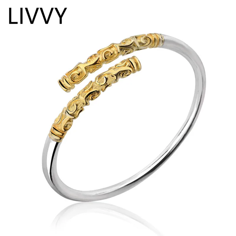 LIVVY Silver Color Simple Fashionable Golden Cudgel Monkey King Bracelet For Men And Women Open Adjustable Bangles Jewelry