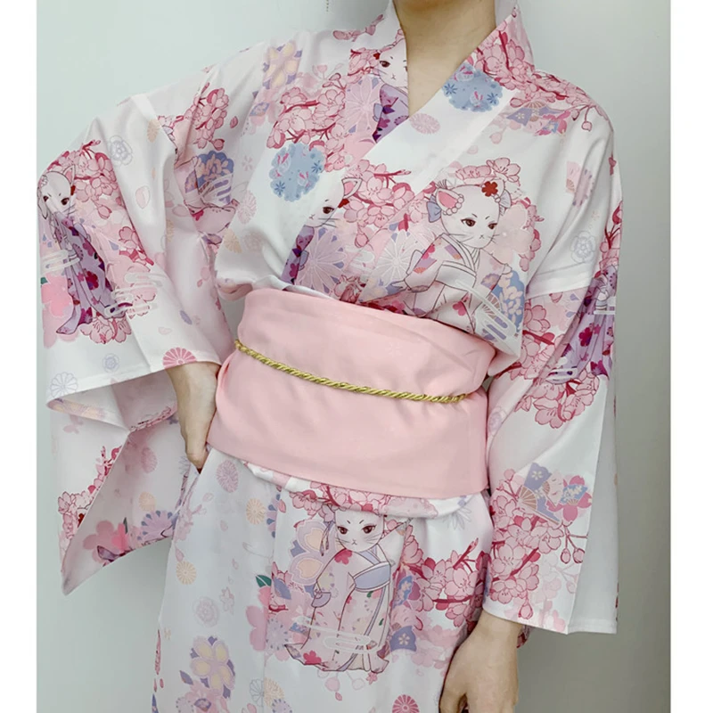 Japanese style clothes women cherry cat kimono yukata exquisite print Japanese and wind yukata waist seal bow suit  Haori kimono