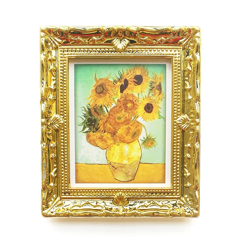 1:12 Miniature Painting Mural Wall Picture Vincent Van Gogh Golden Sunflower For Living Room Golden Framed Dollhouse Accessories