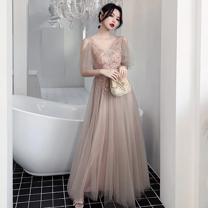 Bridesmaid Dresses Shining Sequin Appliques Women Wedding Party Dress V-Neck Half Sleeve Formal Long Gowns Elegant Vestidos R082