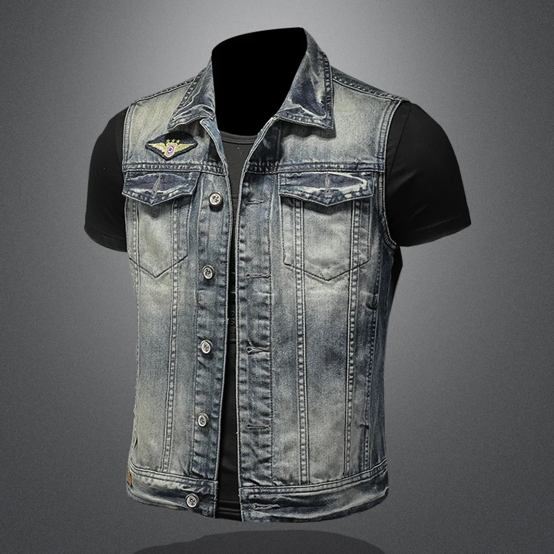 

Men's Embroidered Badge Jeans Vest Men Slim Fashion Biker Motorcycle Denim Vests Single Breasted Vintage Sleeveles Jackets