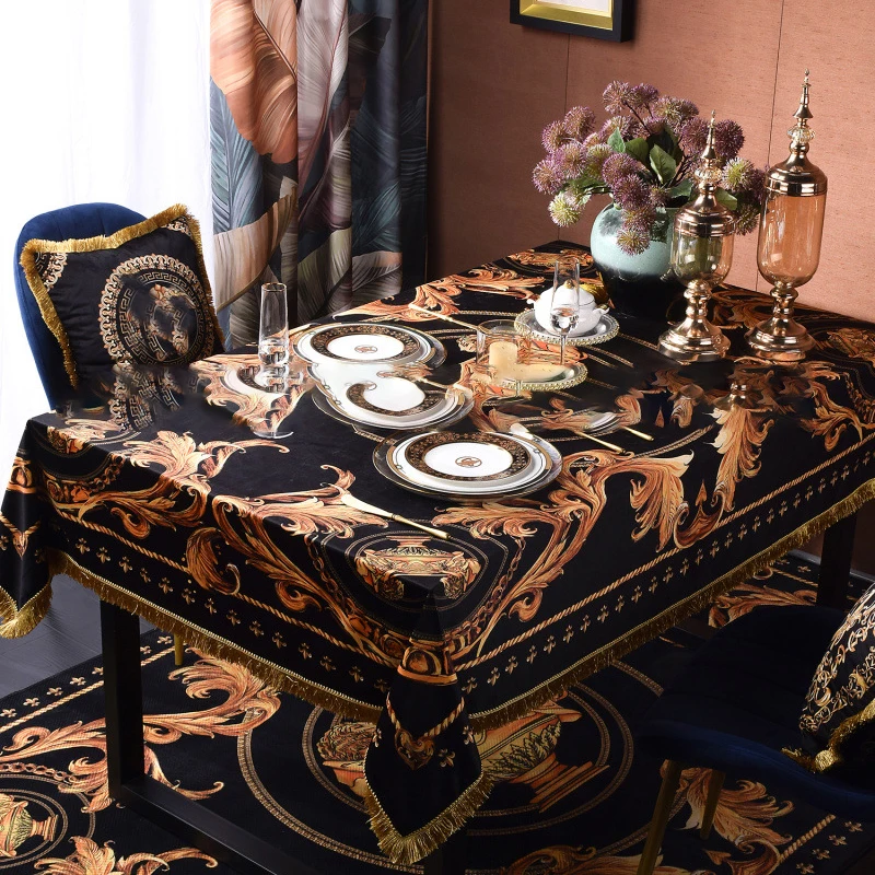 Brand New Velvet Fabric Genuine Luxury Printing Tablecloth Table Cloth Retro Tassel Court Long Table Towel Table Cover Cloth