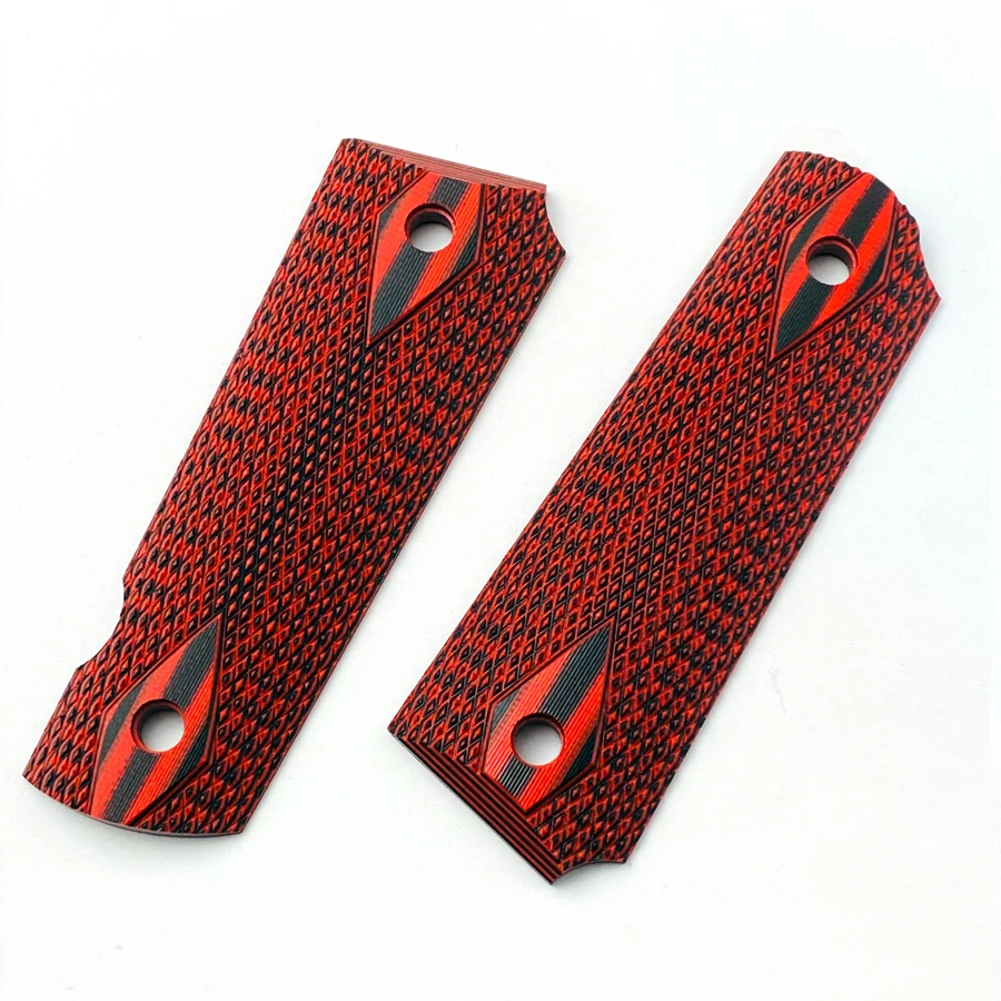 2ชิ้นยุทธวิธีปืนพก1911 Grips Patch สีแดง G10 Grid Stripe Design Custom Grips วัสดุ CNC 1911อุปกรณ์เสริม