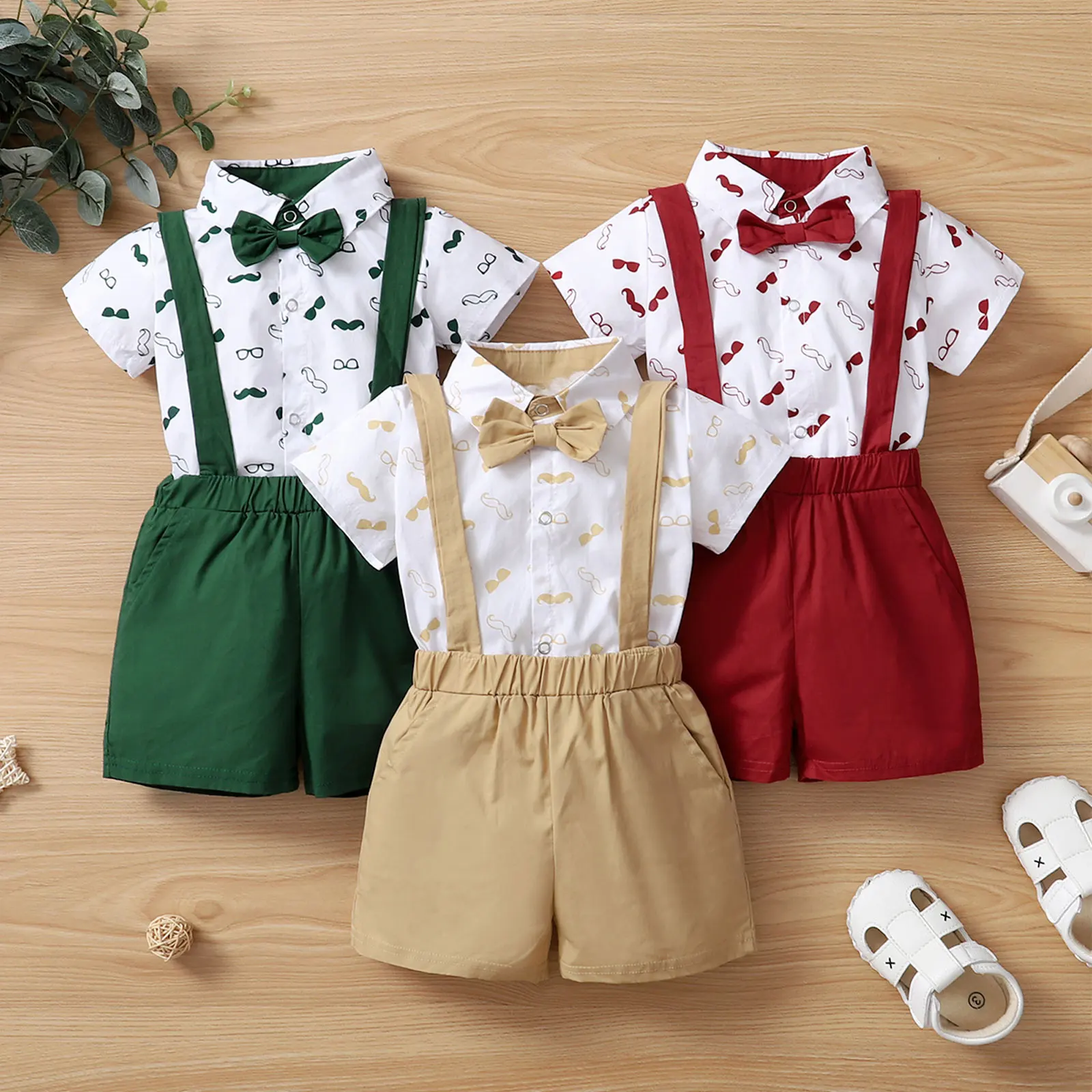 Baby Boys Clothes Set, Beard Print Short Sleeve Lapel Neck Shirt+Solid Color Suspender Shorts