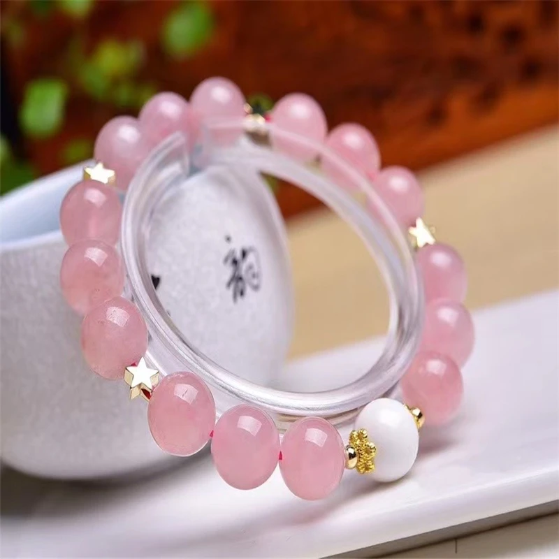 Pink Rose Powder Crystal Quartz Natural Stone Streche Bracelet Elastic Cord  Jewelry Beads Lovers Woman Gift