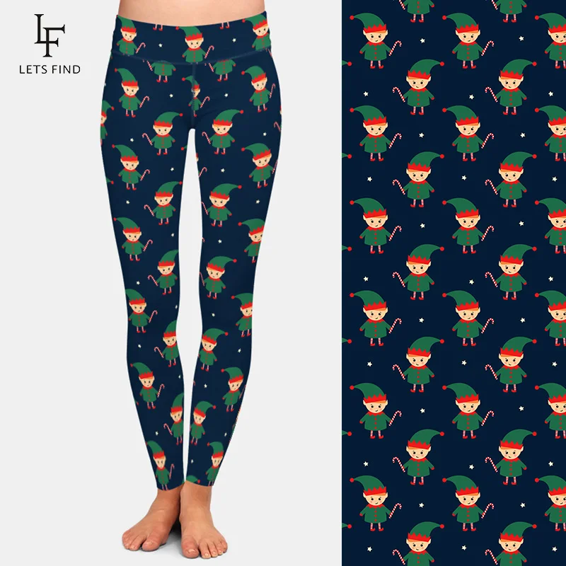 LETSFIND Cute Christmas Elf with Candy Digital Printing Women Elastic Leggings High Waist Warm Winter Leggings