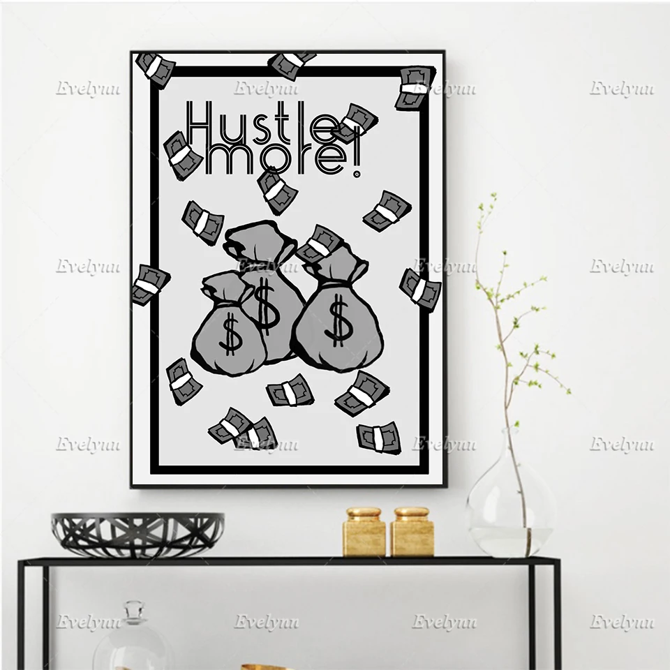 Wall Art Canvas Painting Hustle More Inspirational,Motivational Quotes Print Posters Floating Frame For Living Room Office Decor