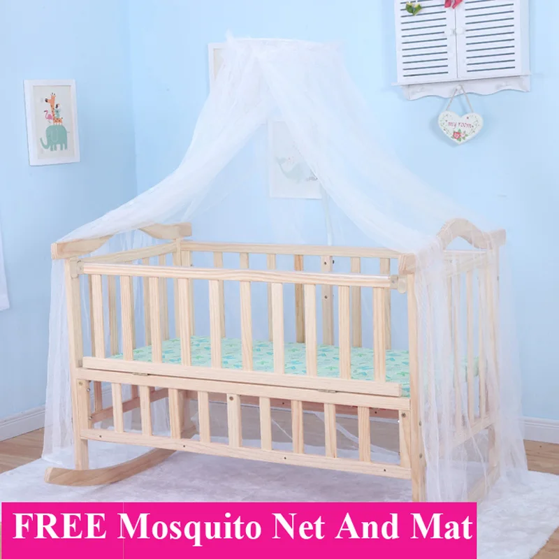 105cm/120cm Extra Big Size Baby Bed, Can Load Adult, No Paint Crib Infant Rocking Cradle with Mosquito Net