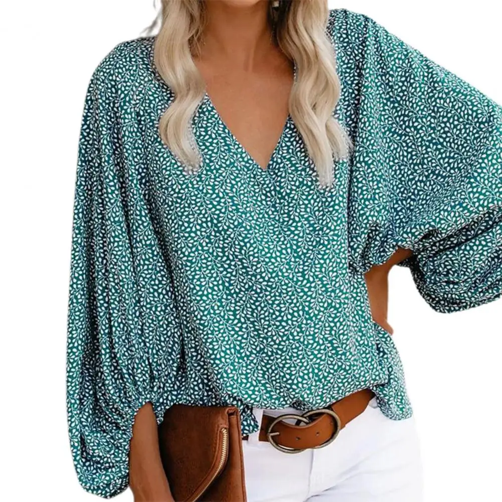 Vintage Blouse Women Boho Printed Casual Loose Long Lantern Sleeve V-neck Shirt Vintage Streetwear Plus Size 2XL Clothing