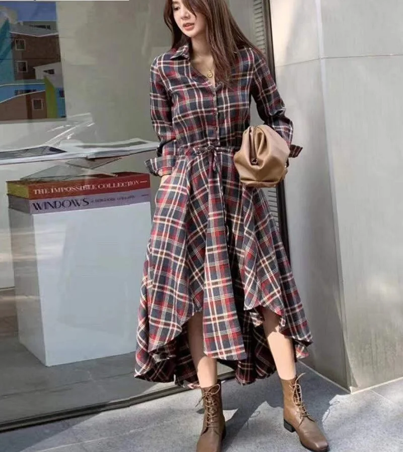 

Vintage Irregular Plaid Shirt Long Dress Women 2021 Spring Ruffles Office Ladies Casual Lace Up Plaid Lapel Button Shirt Dress