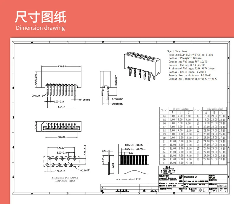 50pcs FFC FPC connector 1mm 1.0mm 4p 5p 6p 7p 8p 9p 10p 11p 12p 13p 14p 15p 16p 17p 18p 20p 21p 22p 31p 32p 33p 39p 40p inline