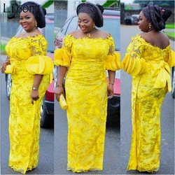 Gorgeous Aso Ebi Style Prom Dress Long Yellow Lace Evening Dresses African Half Sleeve vestidos de fiesta Nigerian Women Gown