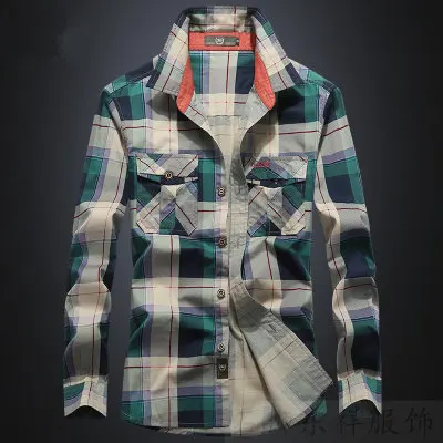 Plaid Shirt Men 100% Cotton Spring Summer Autumn Long Sleeve Denim Pockets Mens Shirts Camisetas hombre Plus Size 4XL