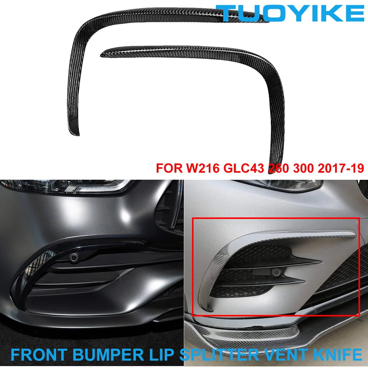 2PCS Car Styling Real Dry Carbon Fiber Front Vent Bumper Lip Splitter Spoiler Air Knife For Mercedes BENZ W216 GLC43 260 300