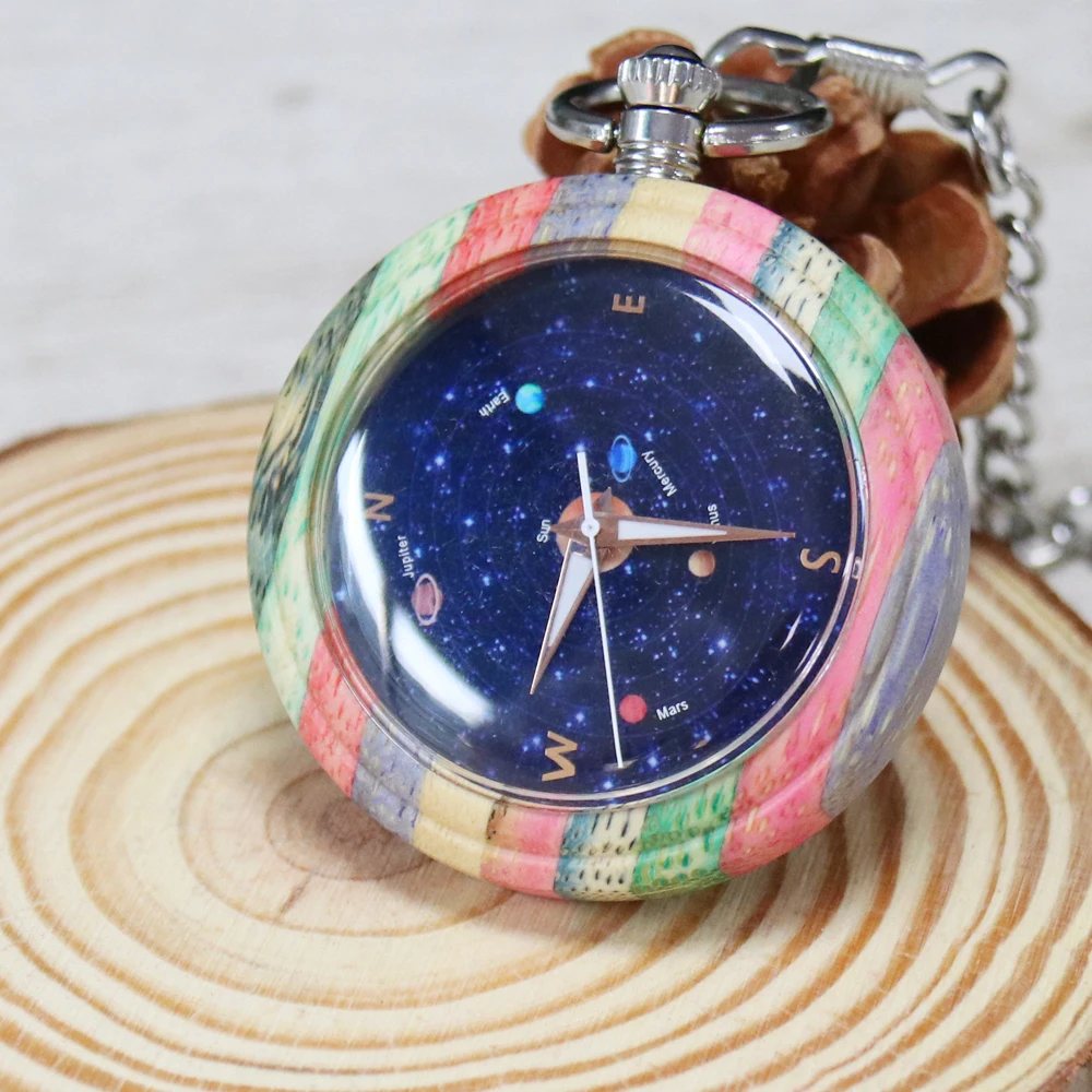 

Novel Colorful Bamboo Wood Quartz Pocket Watch Round Dial Wooden Pendant Pocket Clock Men Women with Chain