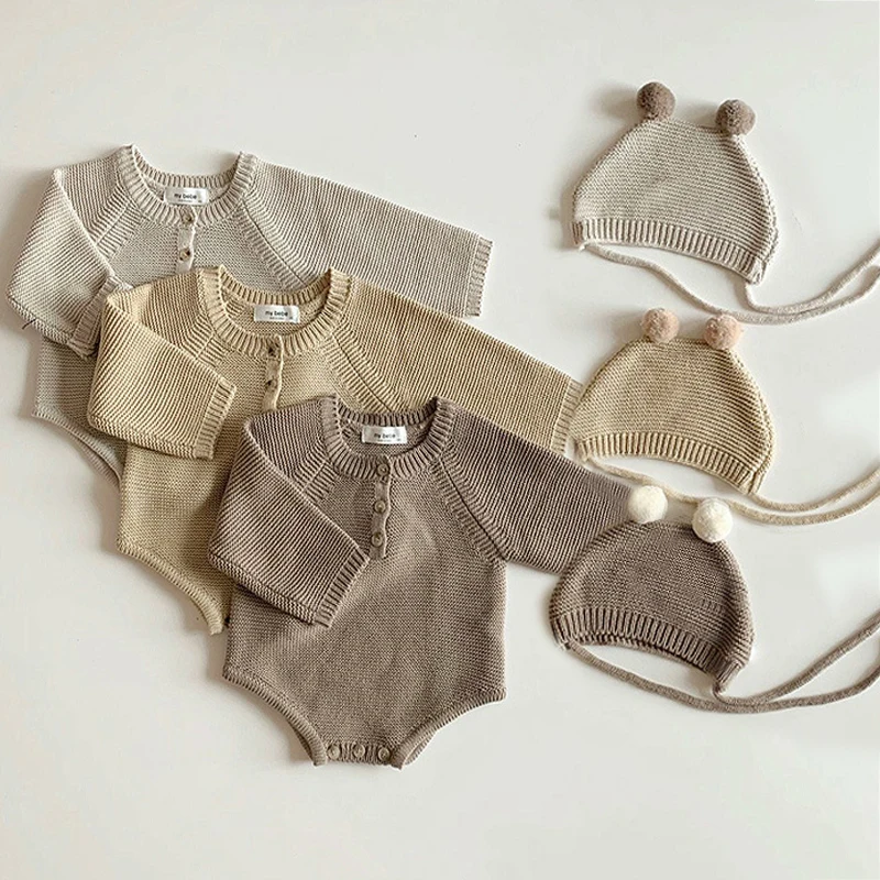 Autumn Spring Baby Boy Girl Knitted Rompers With Hat Infant Jumpsuit Knitwear Outfits Newborn Baby Sweater Baby Clothing