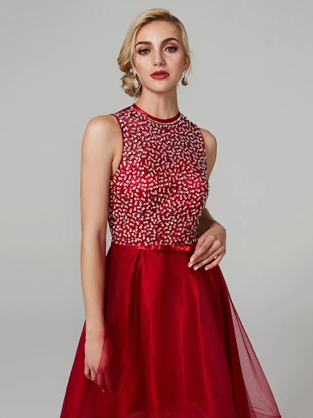 Robe De Cocktail asymétrique, rouge brillant scintillant, haut et bas, trou De serrure, col sans manches, wel, perles, 2021