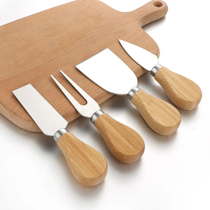 WIKHOSTAR 4pcs/set Stainless Steel Cheese Knives Oak Handle Cheese Cutter Cheese Board Butter Spatula Kitchen Cheese Tools