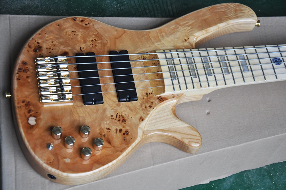 Natural Wood Color 6 Strings Electric Bass Guitar with Gold Hardware,Burl Maple Veneer,Active Circuit,Maple Fretboard