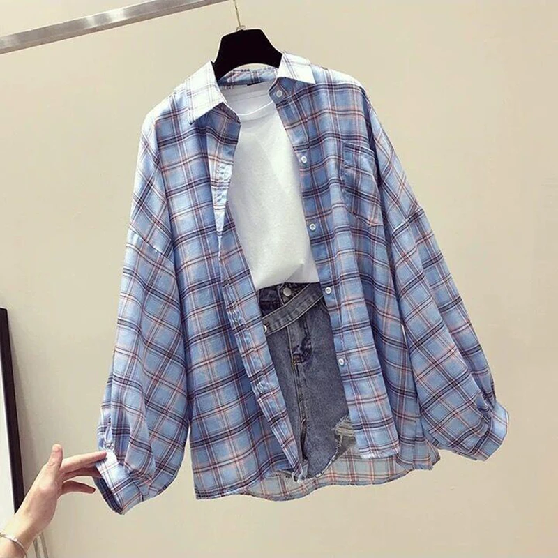 Korean Style Plaid Classic Loose Shirts Blouse Women Daily All-match Cute Student Women Clothing Fashion Vintage Shirt