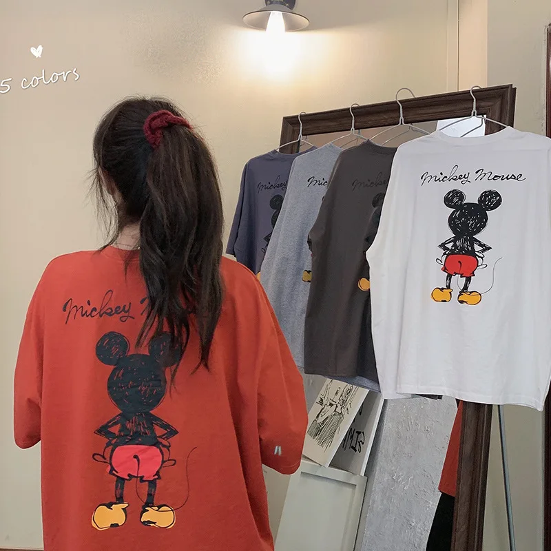 New Cartoon Cotton Mickey Mouse Loose Mid-length Women T-shirt Harajuku Shirt Korean Clothes Womens Clothing Harajuku Tshirt