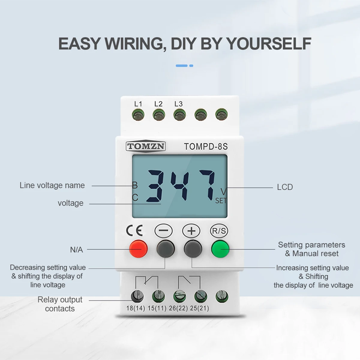 3 Phase Din rail Voltage Monitoring Sequence Protection Relay  adjustable Under Over Voltage Protector