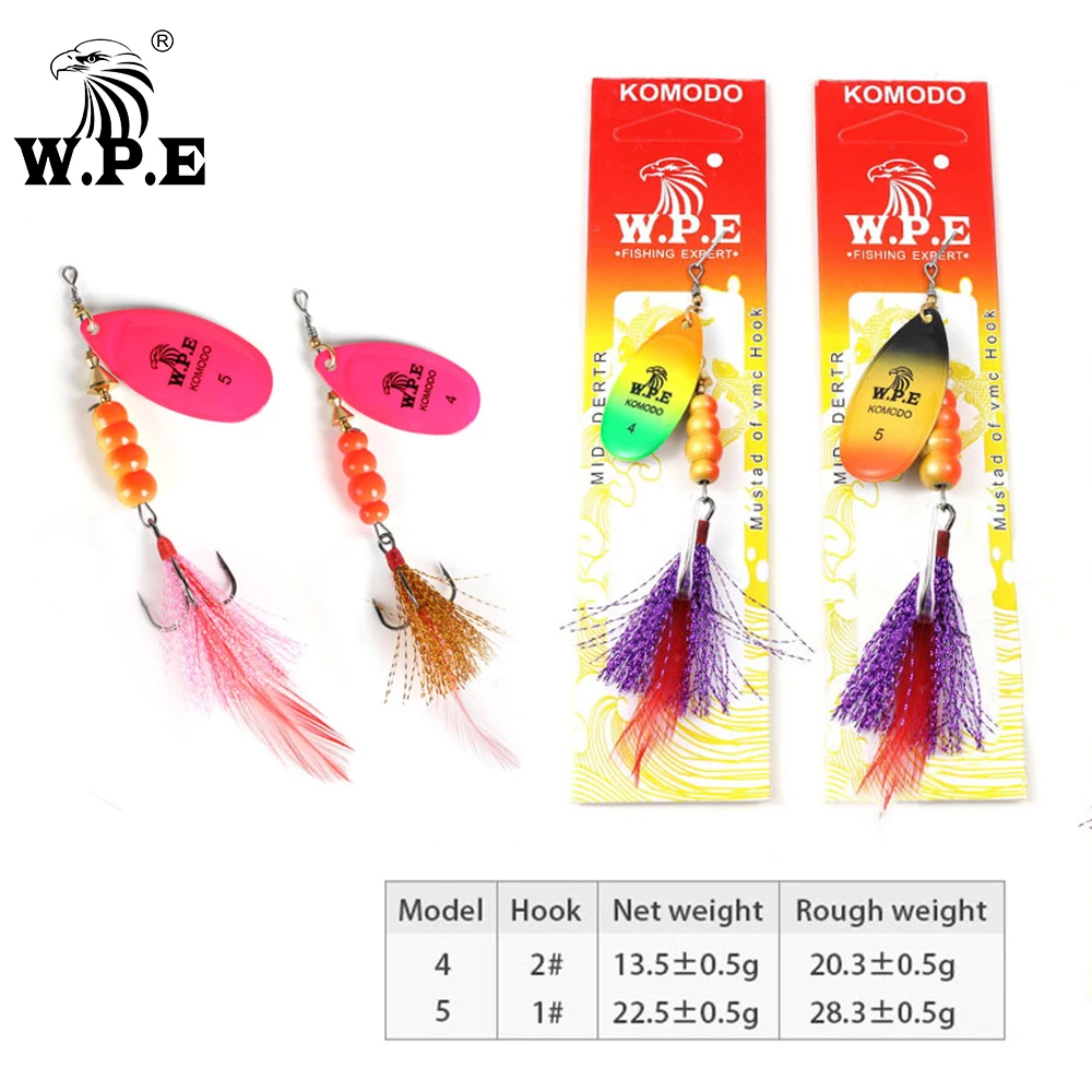 W.P.E Brand 1pcs Spinner Fishing Lure 14g/22g Spoon Lure Feather Fishing Tackle Metal 15color Treble Hook Hard Bait Carp Fishing