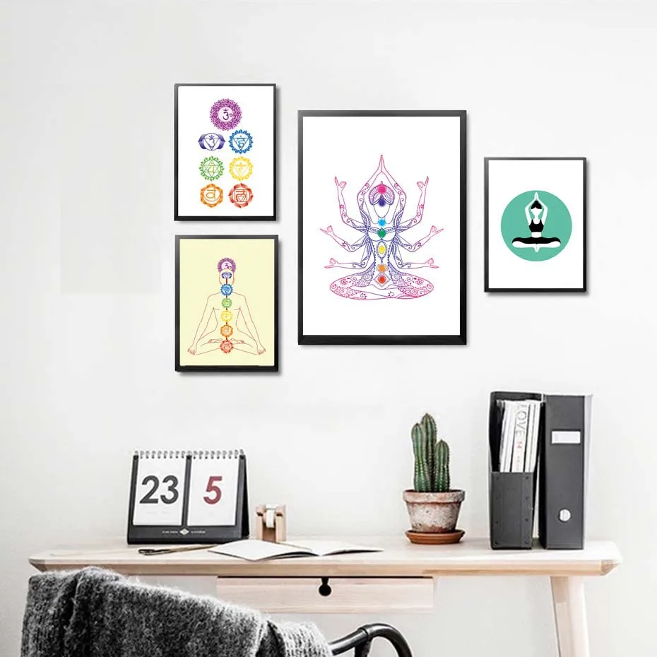 Póster impreso artístico de pared de Yoga con flor de loto colorida, Chakras, Yoga, Om, imagen de meditación, pintura en lienzo, decoración del hogar