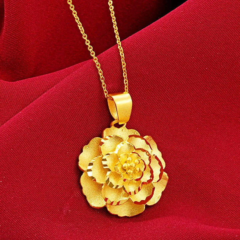 Women's Ancient French Single Pendant Multilayer Large Flower 24k Gold Plated Traveling Memorial Necklace