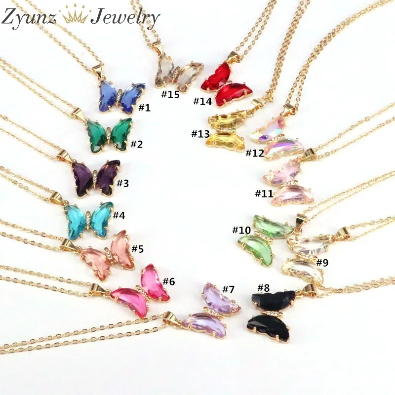 10PCS, Fashion Mix Colors Crystal Butterfly Pendant Necklace For Women Glamour Female Color Butterfly Necklace Jewelry