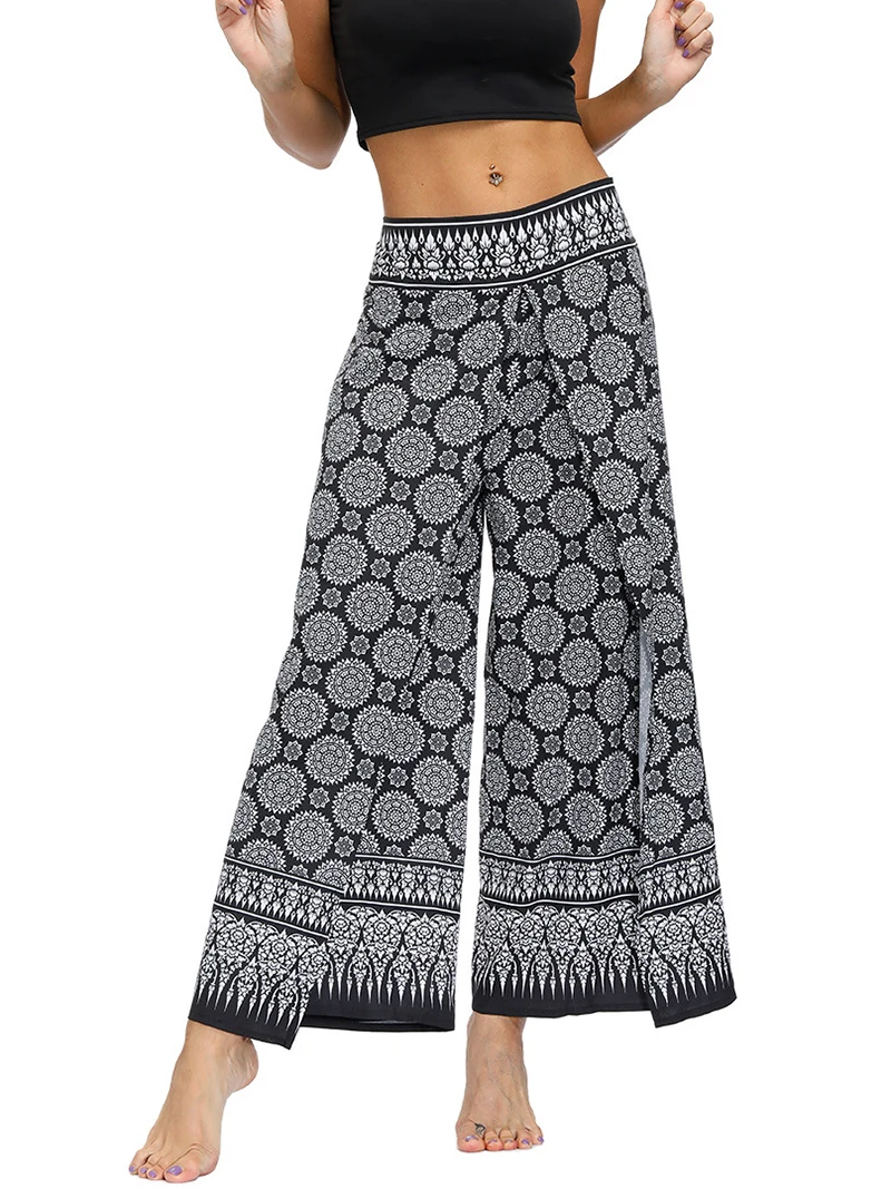 Pantaloni da Yoga Casual spaccati a gamba larga bohémien da donna, pantaloni da Palazzo larghi, pantaloni da spiaggia Casual Hippie