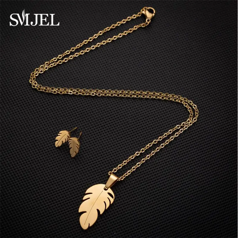 Stainless Steel Feather Necklaces Classic Fashion Bohemian Plant Leaves Earrings Necklaces For Women  Jewelry Set Wedding Gifts
