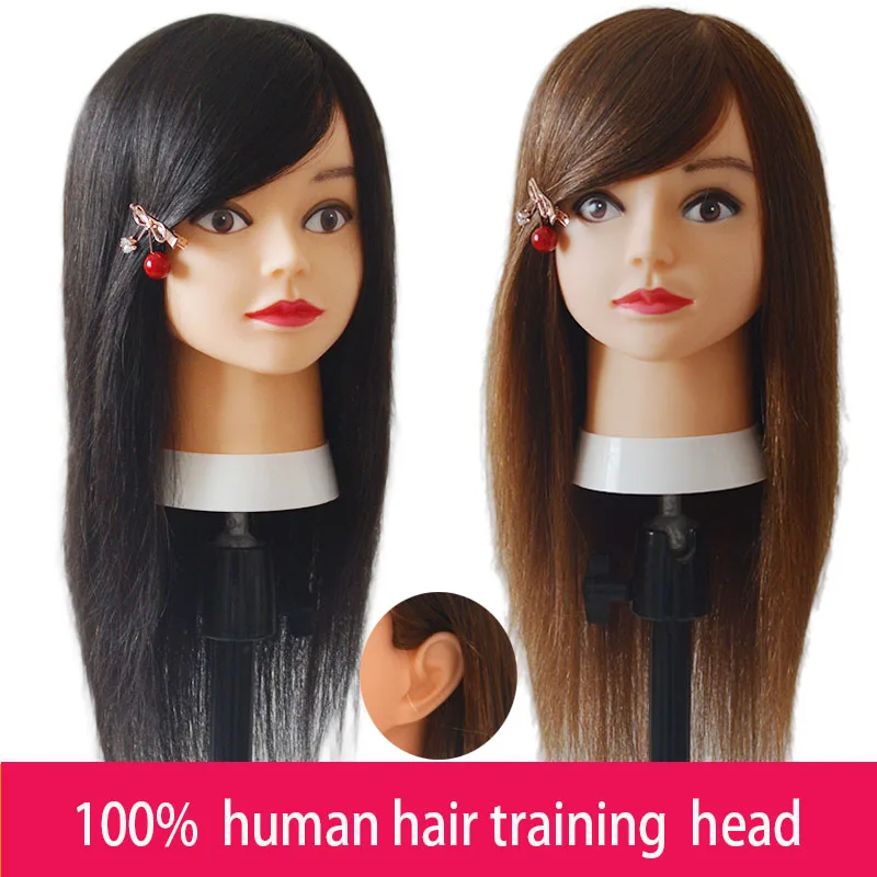 100% Human Hair Mannequin Head For Learner Hairdressers Practice Paint Dye Bleach Curl Iron Braid Cut Hair Good Training Head