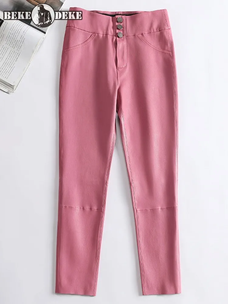 

Top Quality Women Sheepskin Genuine Leather Pencil Pants Pink High Waist Slim Fit Boot Cut Ankle Length Trousers Stretchy Pants