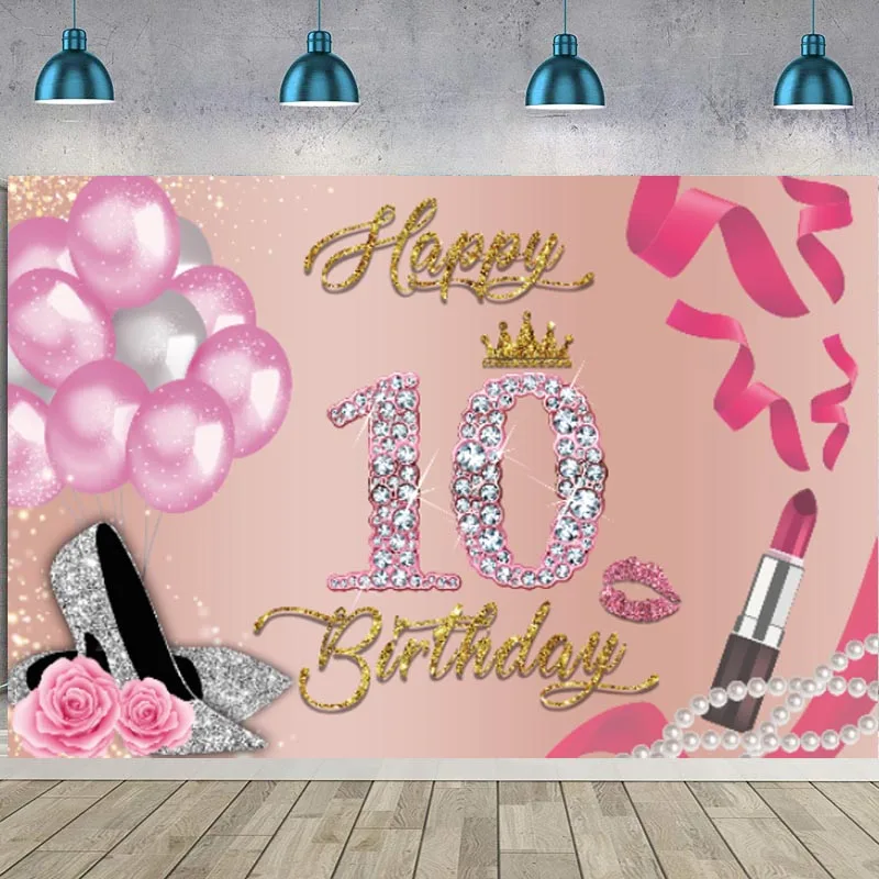 Pink Happy 10th Birthday Backdrop Girls 10 Years Old Birthday Party Glitter Diamond Photography Background For Photo Studio