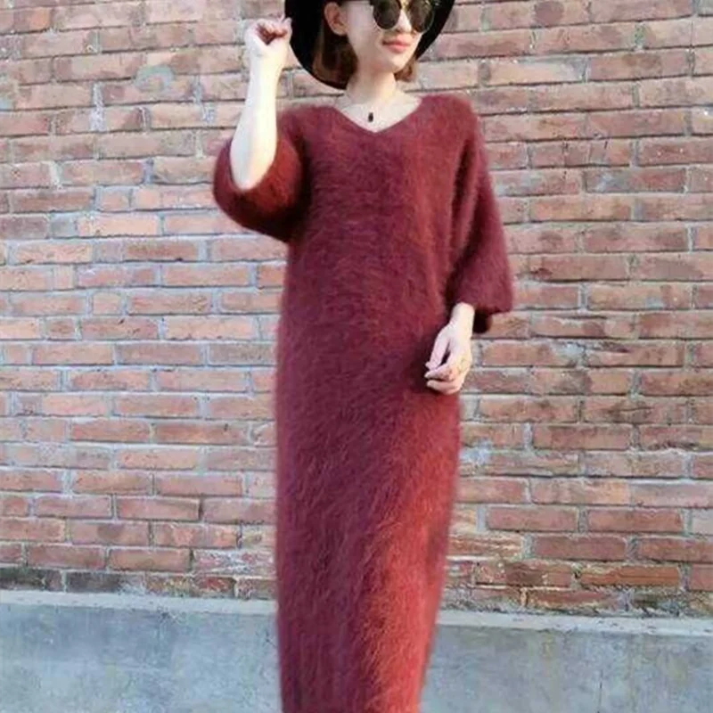 Long hair mink velvet V-Neck Sweater super long dress slim fitting and slim Pullover coat with 7 / 4 sleeves mink fur as base