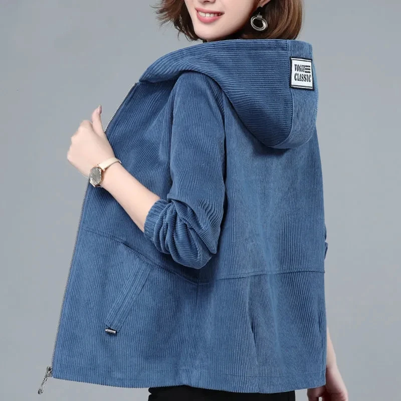 

Women's Corduroy Hooded Jacket Female 2024 Spring And Autumn Ins New Coats Loose Casual Middle-Aged Mother Overwear A9